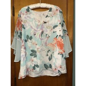 Calvin Klein Floral Pastel V Neck Blouse Ruffled Sleeves Size XL